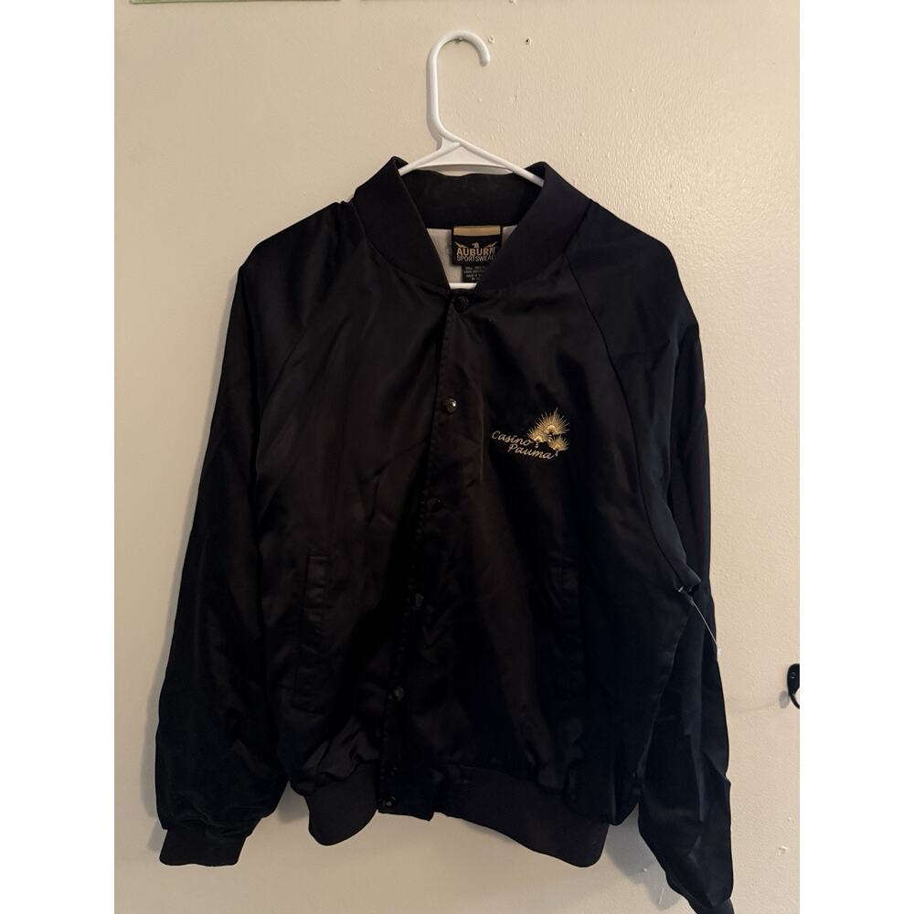 Casino Pauma Bomber Jacket Mens M Black Satin Nylon Snap Front Gold Logo